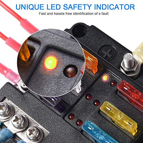 6-Way Fuse Box Blade Fuse Block Holder Screw Nut Terminal W/Negative Bus 5A 10A 15A 20A Free Fuses LED Indicator Waterpoof Cover for Automotive Car Marine Boat