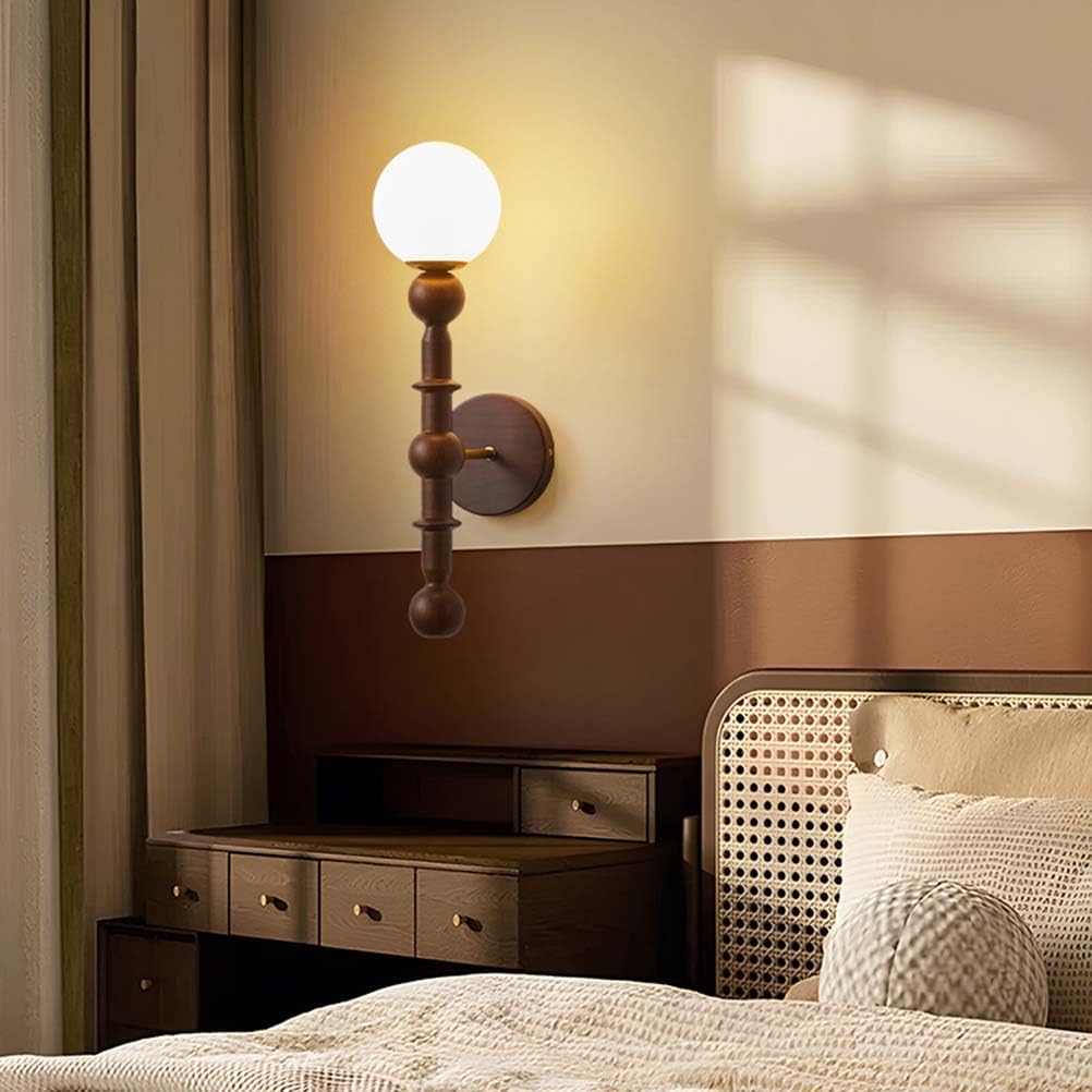 AoLa Holz Wandleuchte E27 Vintage Wandlampe Innen mit Kugel Glas Lampenschirm Nachttischlampe Rund Holz Gestell Retro Industriell Deko Lampe für Schlafzimmer Wohnzimmer Flur Treppe