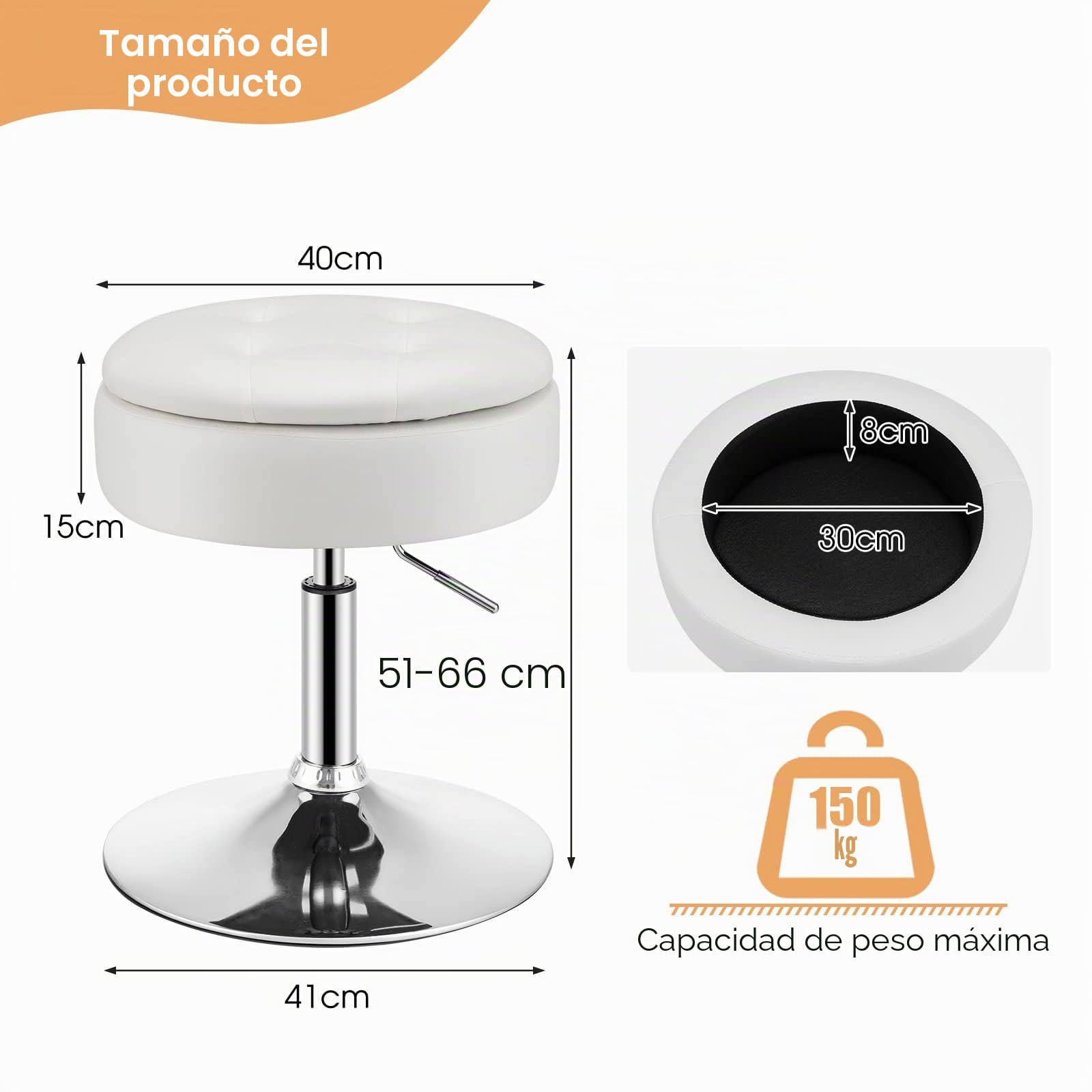 LIFEZEAL Taburete de tocador, Silla de Bar de Piel sintética, Taburete Giratorio con Altura Ajustable de 51 a 66 cm, Taburete de Bar Redondo con Almacenamiento Oculto para Dormitorio, salón(Blanco)