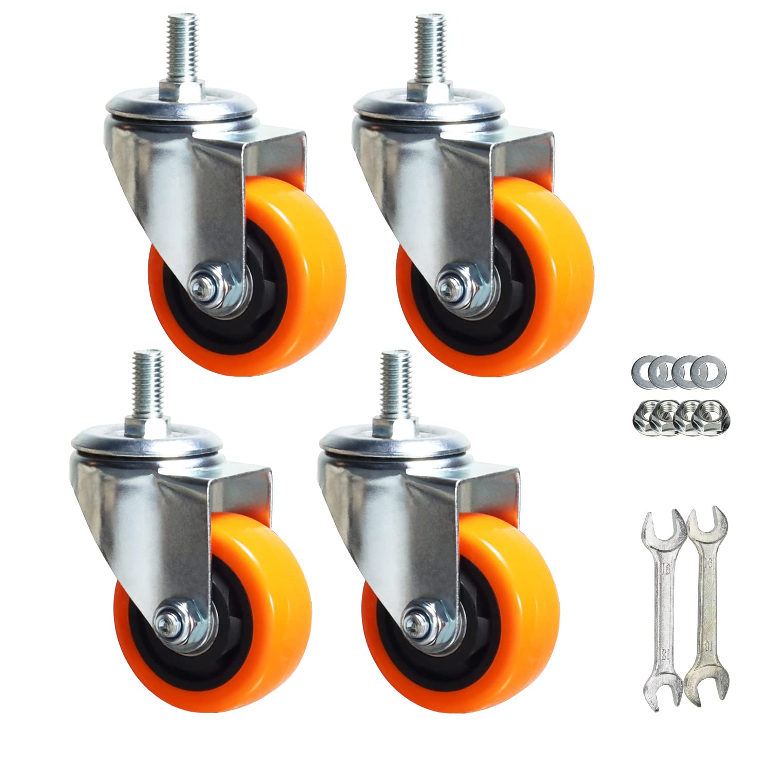 Ruote girevoli resistenti da 3 pollici gialle in PVC con gambo metrico M12-1,75 x 25 mm Ruote di sicurezza fino a 544,3 kg/set per industria e mobili Set da 4 pezzi (7 pollici, senza freno)