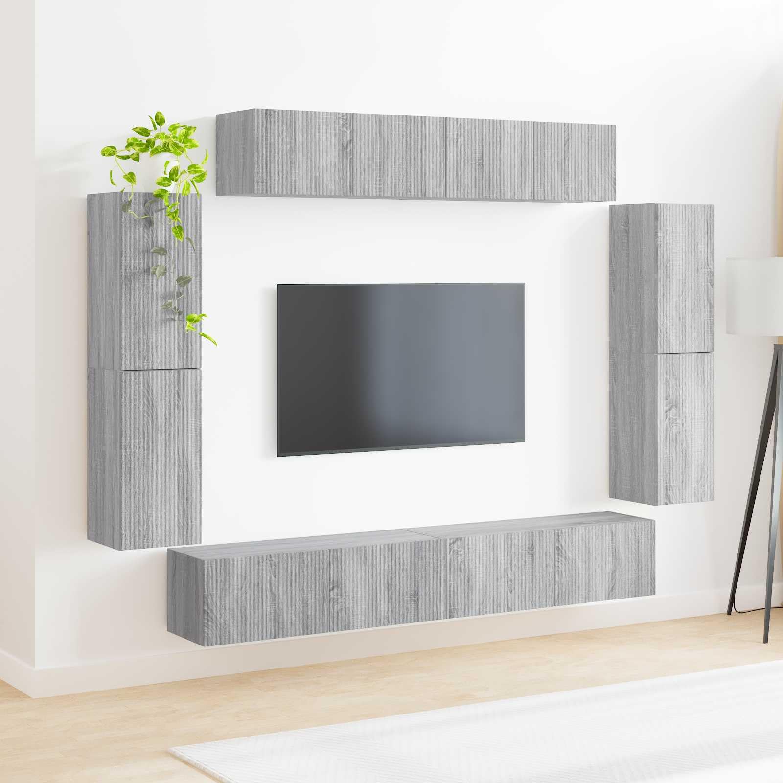 Mueble de TV de pared de 8 piezas, Sonoma gris, soporte multimedia modular para sala de estar, dormitorio, amplio espacio de almacenamiento, construcción de madera duradera