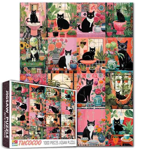 Tucocoo Schwarze Katze Puzzle 1000 Teile, abstraktes Rosa-Grün-Kätzchen-DiY-Set für Hausdeko und Sammlung… – Ansicht 1
