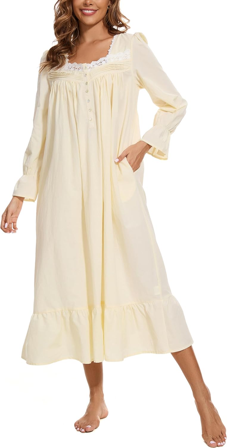AVIIER 100% Cotton Nightgowns for Women Long Sleeve House Dress Ladies Sleepwear with Pockets - Image 3
