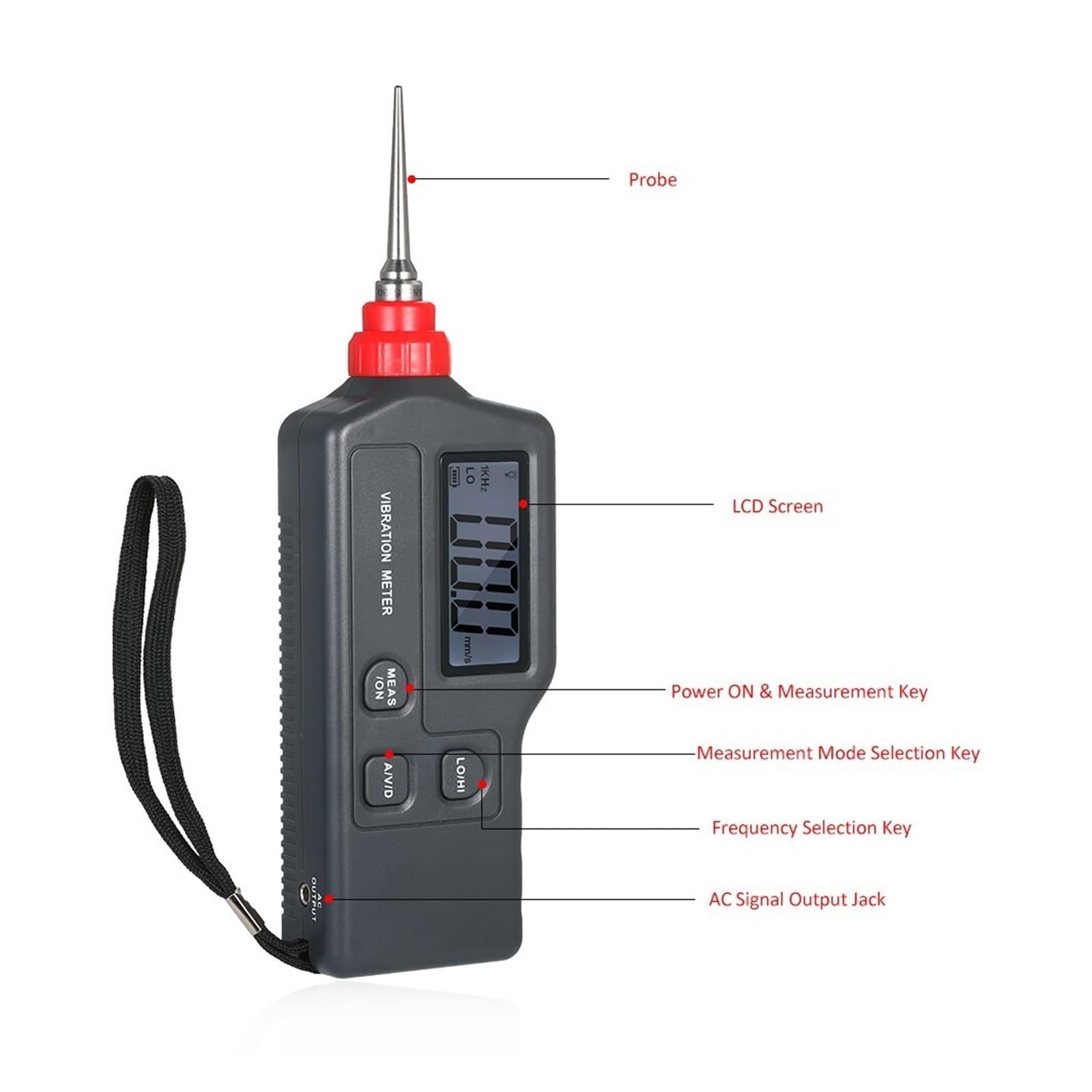 Analizator drgań, Przenośny cyfrowy miernik drgań z ekranem LCD Analizator Tester Przyspieszenie Wyjście AC Prędkość Pomiar Przemieszczenia GS63A