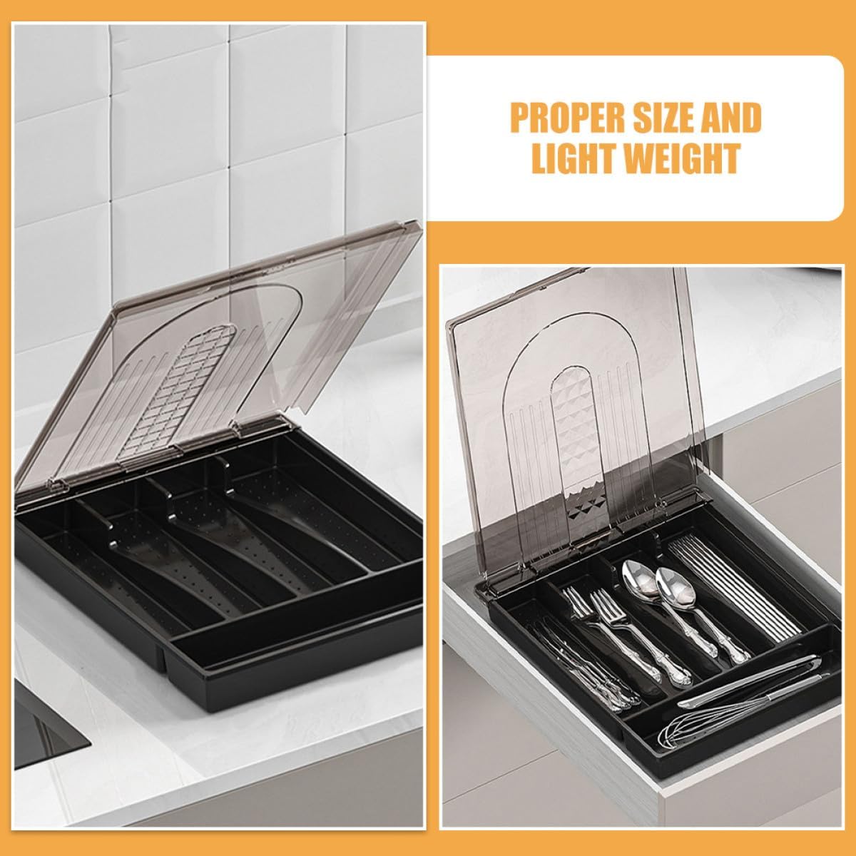 Veemoon Large Capacity Cutlery Organizer Box with Flip Lid, Black Kitchen Utensil Storage Case with Dividers for Forks, Spoons, and Knives, Drawer Flatware Organizer for Home Kitchen