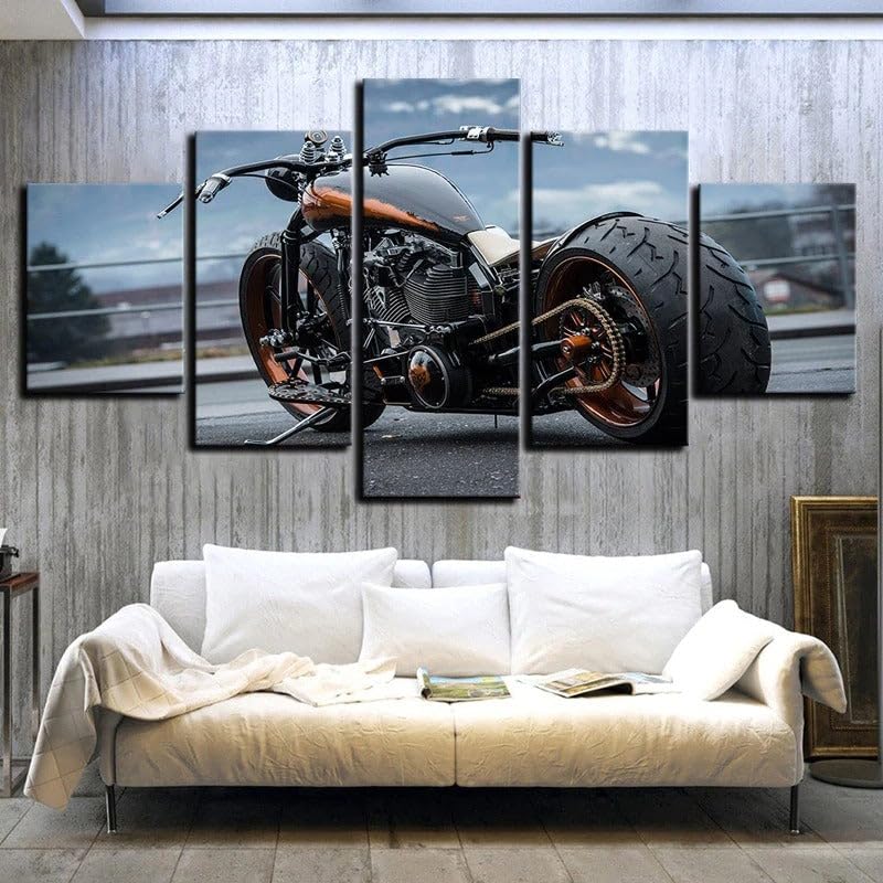 Tableau decoration murale salon moto retro de luxe 5 parties avec cadre