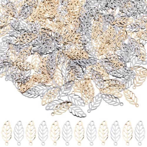SUNNYCLUE 1 Box 300 Stück 2 Farben Edelstahl Blatt Charm Kleiner Baum Blatt Charm Große Silberne Hohle Metallblätter Mini Herbst Charm Für Die Schmuckherstellung Charms Zubehör DIY Halskette Armband O