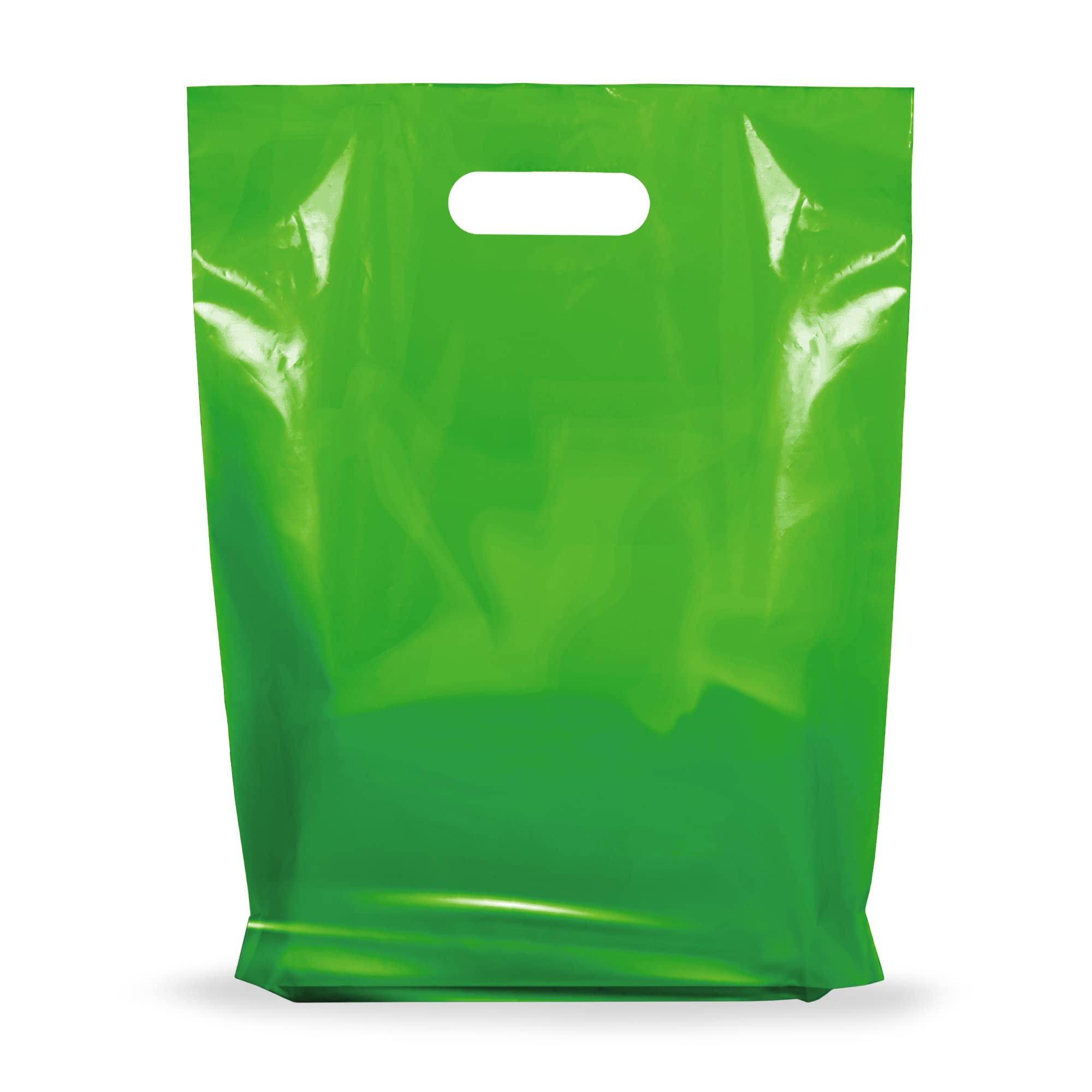 Glossy Plastic Shopping Bags by PPB - 100 Green Color Bulk Merchandise Bags 12x15x1.25 in - Die Cut Plastic Bags with Handles - Shopping Bags for