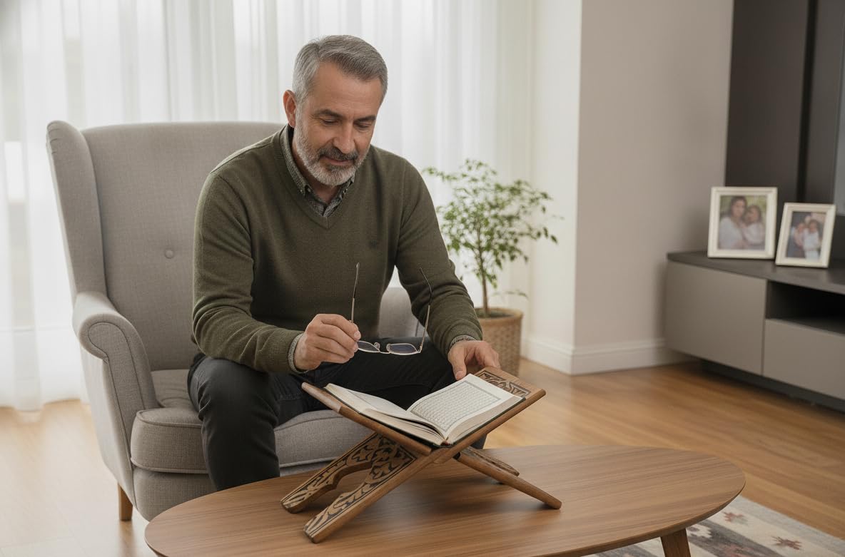 Elar Wooden Ahşap Rahle - Selçuklu Motifli Oyma Kitap ve Kur'an-ı Kerim Standı, Katlanabilir (45 cm uzunluk, 18 cm genişlik) – Kuran-ı Kerim ve Büyük Boy Kitap Tutucu (45 cm)