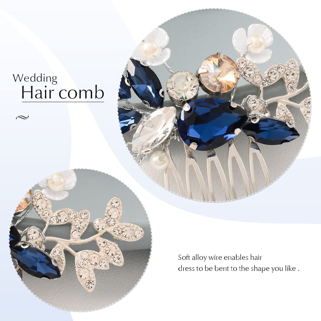 Catery Blue Rhinestone Bride Wedding Hair Comb Ceramic Flower Bridal Hair Clips Headpiece Hair Accessories for Women and Girls - Image 7