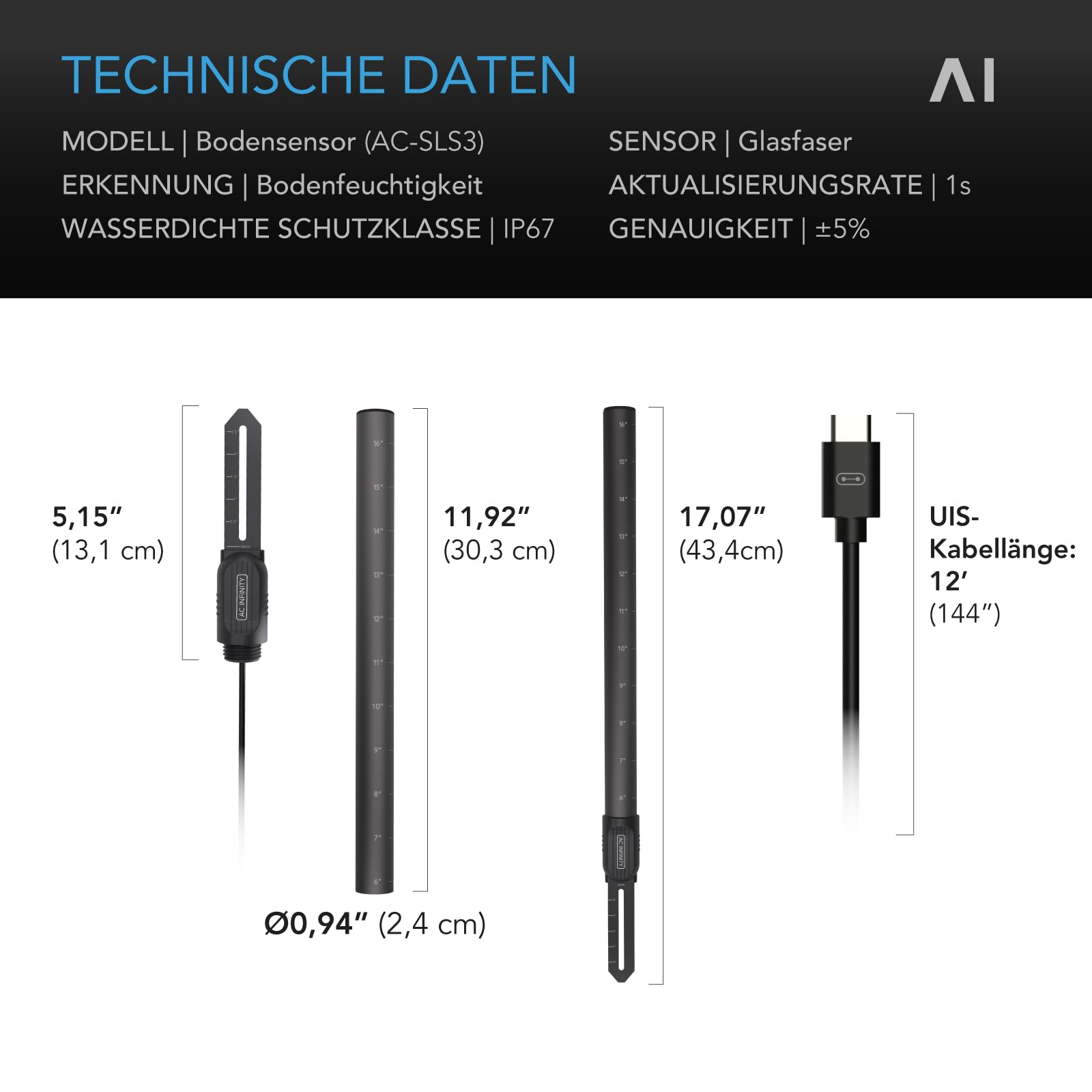 AC Infinity - Bodensensorsonde für KI-Controller, Überwachung von Feuchtigkeit und Sättigung für Gärten, Wachstumszelte, Wachstumsräume, abnehmbarer Stiel, IP67 Dichtungsschutz