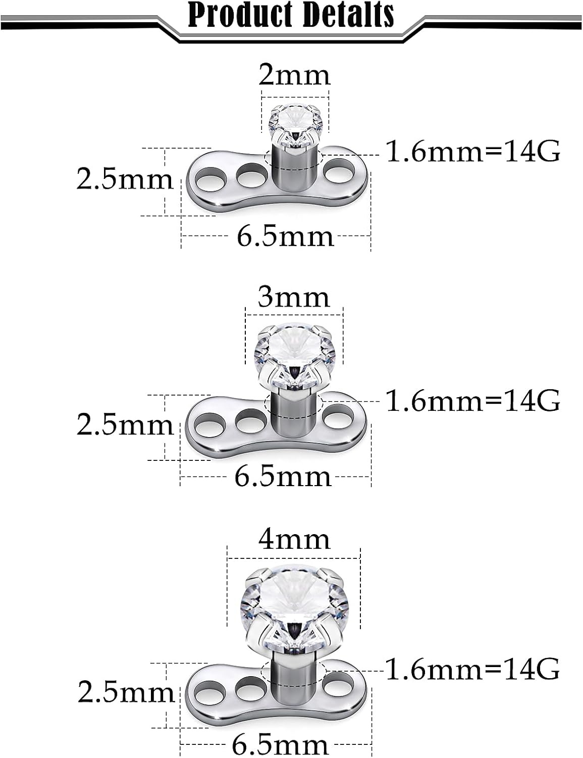 14G G23 Titanium Dermal Piercing Jewelry Internally Threaded Implant Grade Surgical Steel Dermals Anchor Piercing Jewelry for Women Men Top Size 2mm 3mm 4mm