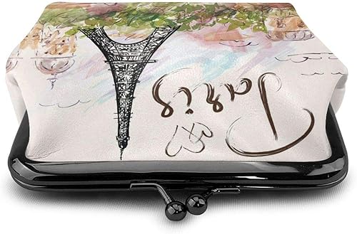 Miniatura 2 de Fantástica Torre Eiffel París, Romántica Francia Monedero de cuero pequeño con bloqueo de beso, cierre de hebilla para mujeres y niñas