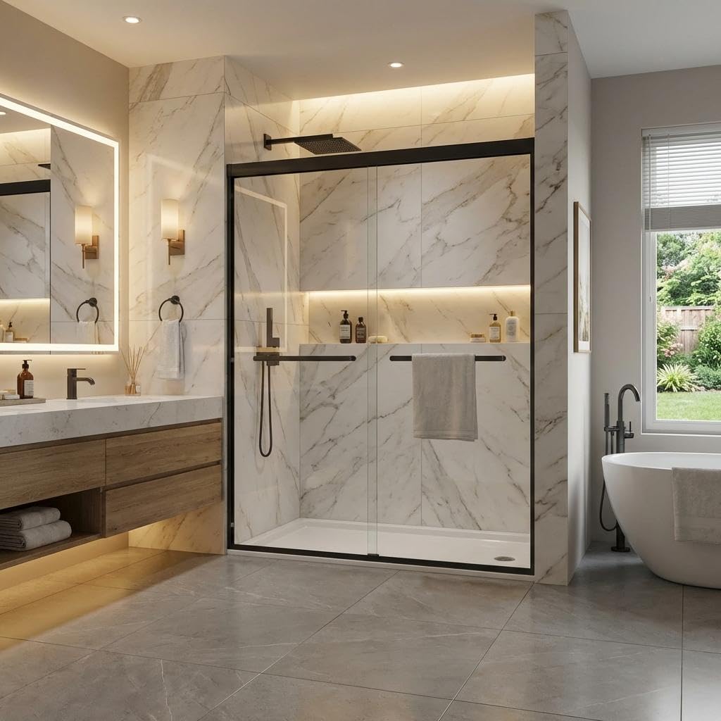 44-48" W x 72" H Double Sliding Shower Door, Frameless 6mm Tempered Glass with Easy-Clean Coating, Aluminum Frame &amp; Smooth Rollers, for Walk-in Shower/Bathtub Remodel, Matte Black