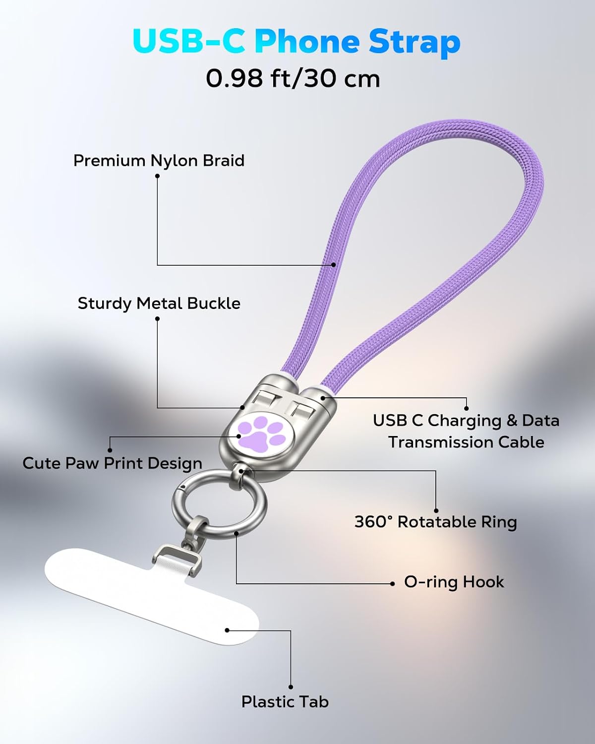 MoKo Phone Wrist Strap Charging Cable, USB-C to USB-C Cable with 240W Fast Charging, 0.98FT Anti Theft Phone Lanyard for iPhone/Samsung/Android, Daily & Outdoor Activities, Cute Paw Print, Purple image 5