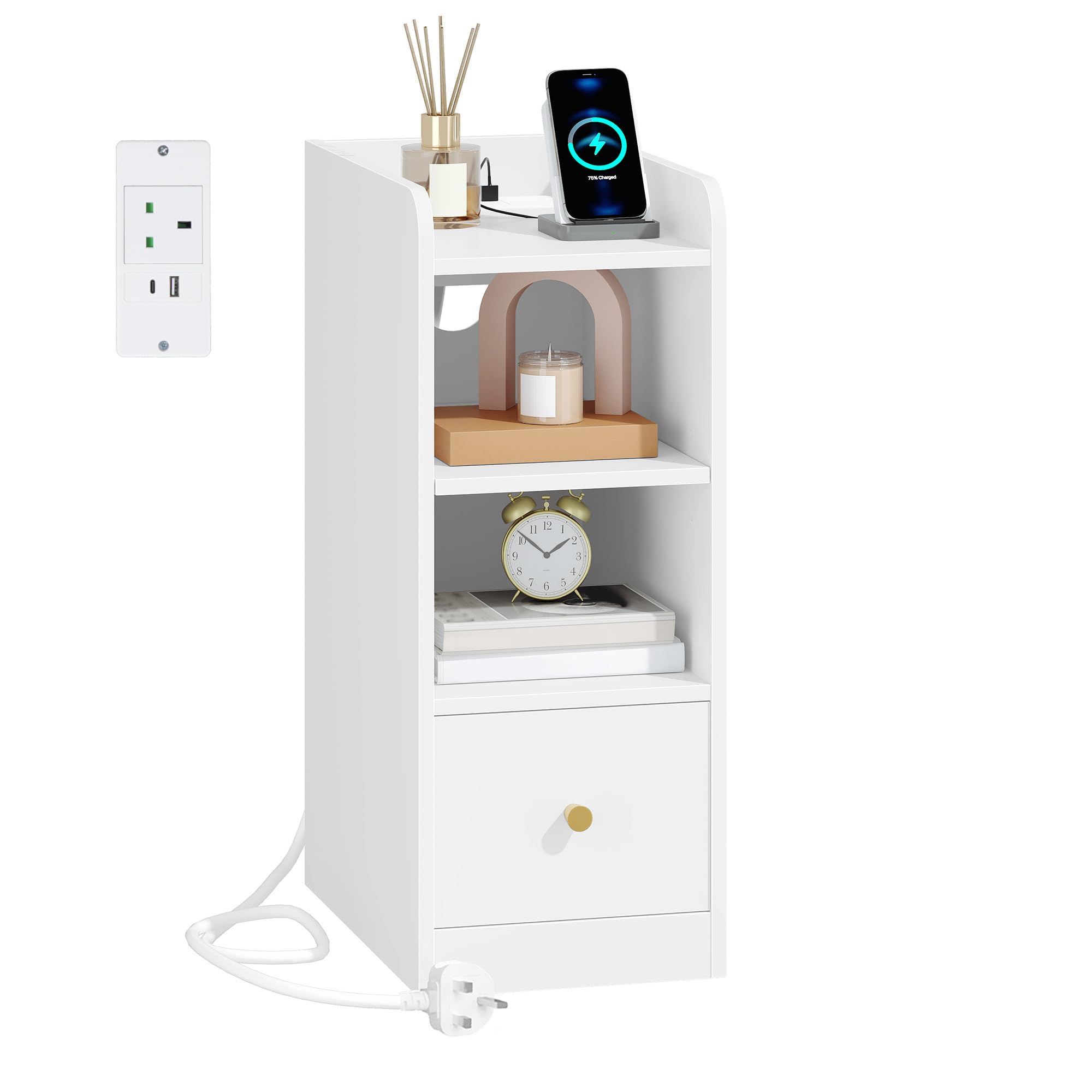 Hzuaneri Slim Bedside Tables with Charging Station, Narrow Bedside Cabinet with Drawer, USB & Type-C Ports, Nightstands with Adjustable Shelves for Bedroom, Living Room, White NS36403X
