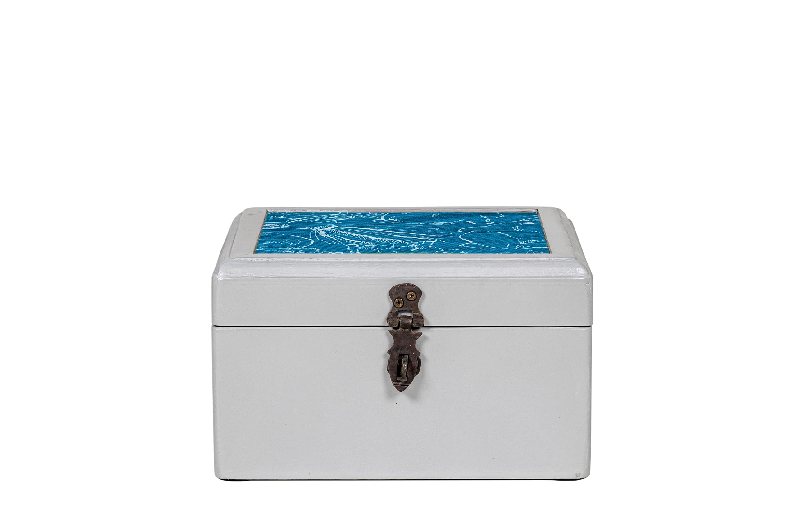 CONTRAST LIVINGCONTRAST LIVING Ella Wooden Decorative Jewellery Painted Box with Cotton Fabric on top (Outer Size- 15x15x09 Cm || Box Colour-Grey, Fabric Colour -Blue&White)