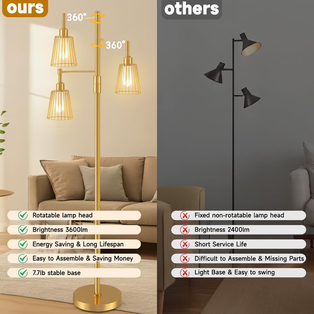 PESRAE Dimmable Industrial Floor Lamp, Farmhouse Floor Lamp Standing Tree Lamp with 3 Elegant Teardrop Cage Heads & Included 3 x 1200LM Edison LED Bulbs, Tall Lamp for Living Room, Bedroom (Gold)