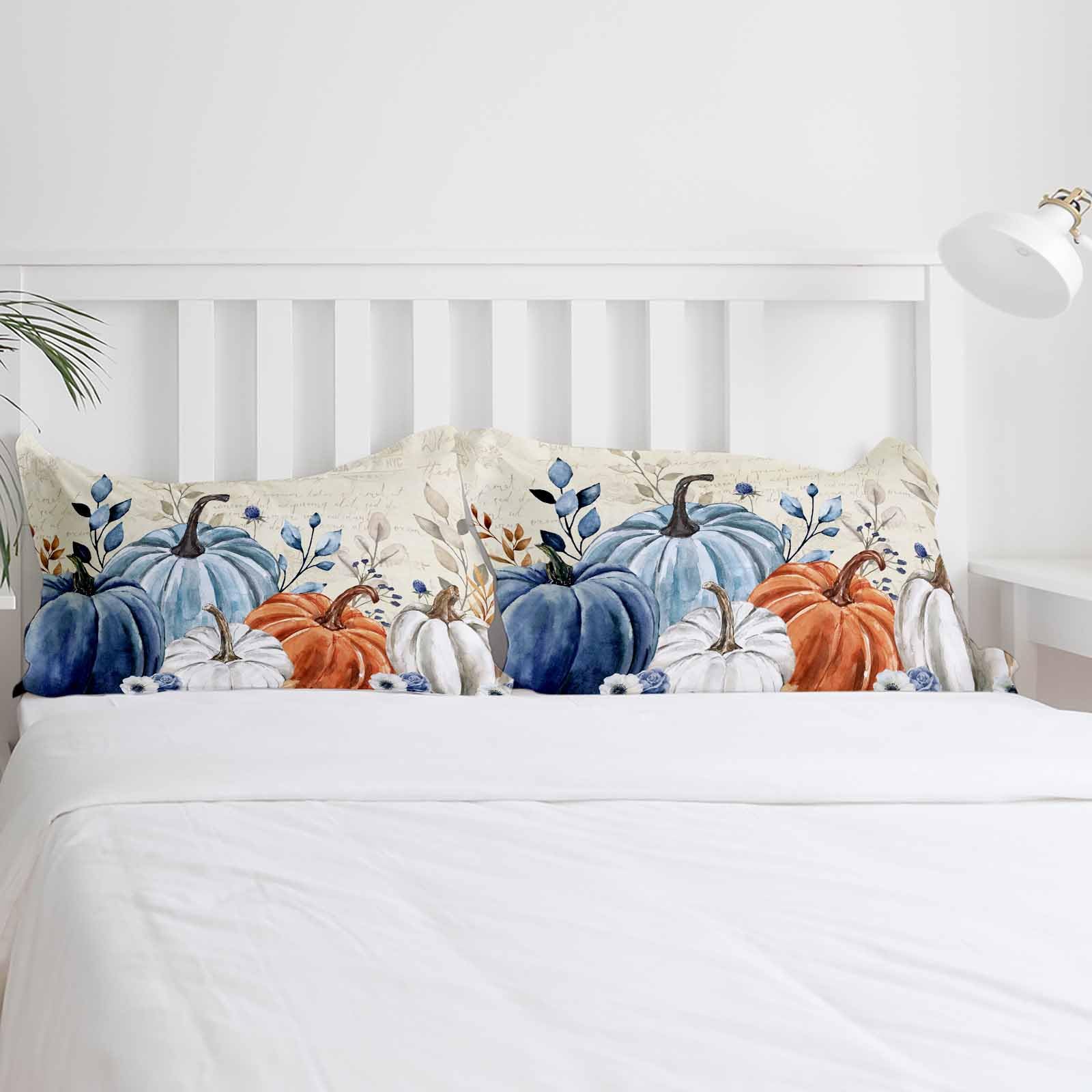 Fall Duvet Cover Set California King Size - Orange Blue Pumpkin Leaves Plaid, 3-Piece With Pillowcases, Zipper Closure