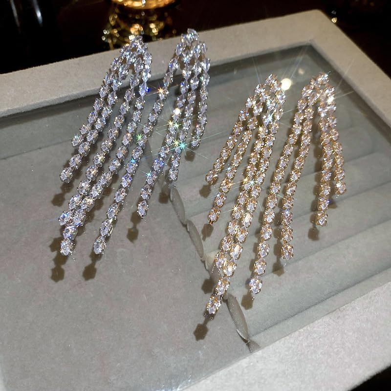 Rhinestone Earrings for Women, Slivery Handmade Crystal Earrings Threader Dangle Earrings Bridal Wedding Long Earring - Image 5