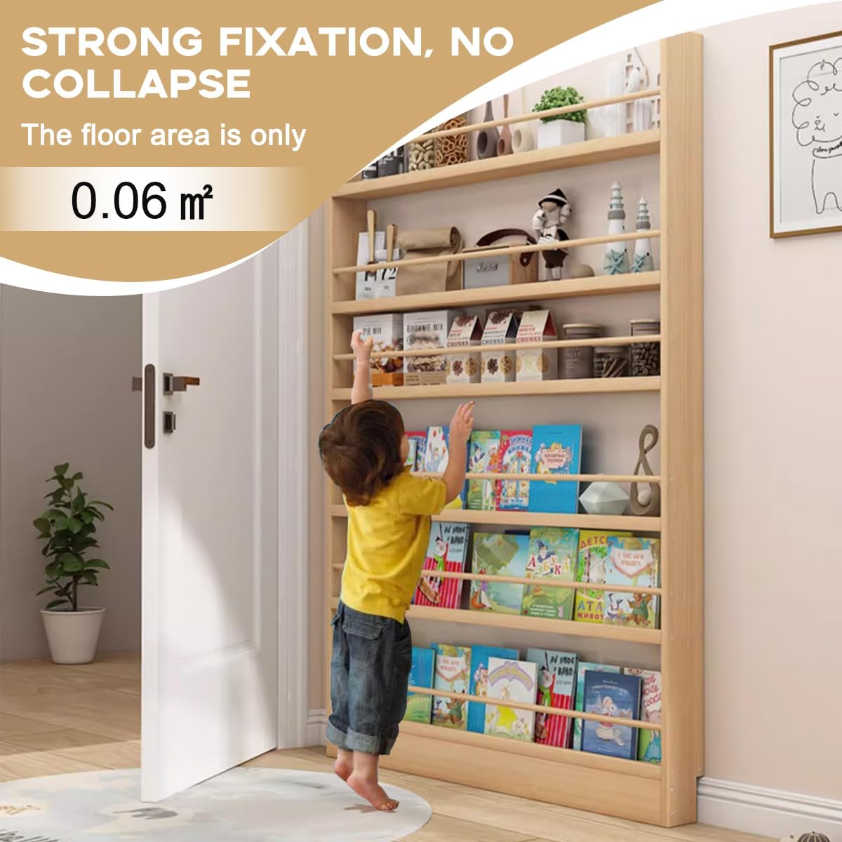 Book Shelf, Behind The Door Bookshelf, Wooden Kids Book Shelf 3/4/5/6 Tier, for Toys and Books, Space-Saving Wall Mount Narrow