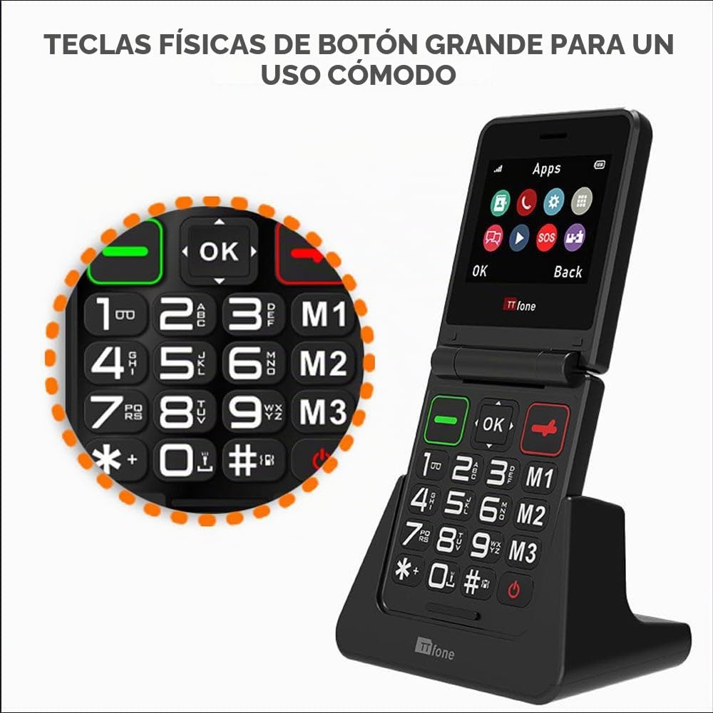 TTfone TT660 - Teléfono móvil abatible para Personas Mayores, diseño Plegable, Botones Grandes, Asistencia de Emergencia, batería de Larga duración, Pago por Uso (EE PAYG, Negro, con Cargador de Red)