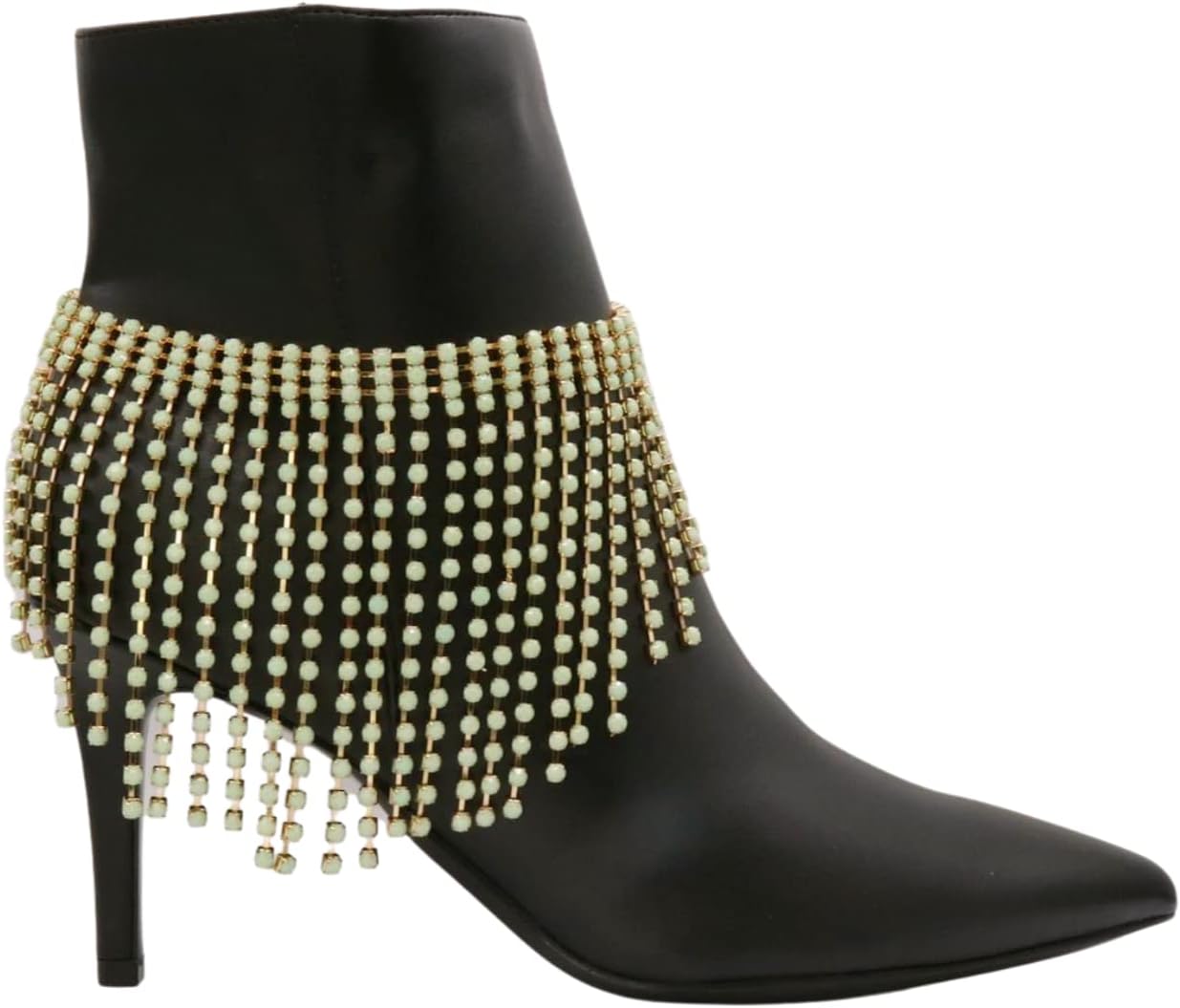 Trendy Fashion Jewelry Women Western Wide Boot Chain Gold Metal Band Bracelet Mint Teal Beads Anklet Heel Charm Long Fringes PAIR BC302