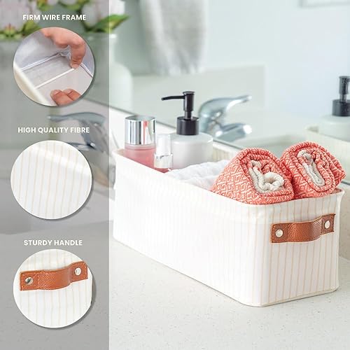 Vista 153 de OrganiHaus - Canastas de almacenamiento estrechas, 15 x 06 pulgadas, pequeñas, para estantes, armarios, baños, organizador de tela con asas, Beige