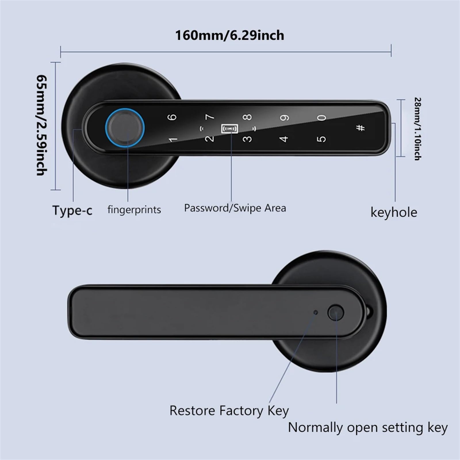 Smart Lock, Zamek do drzwi z czytnikiem linii papilarnych Anti Peeping Hasło Blokada klamki Kontrola aplikacji Typ C Ładowanie awaryjne dla drzwi o grubości 3,5–6,5 cm(Silver)