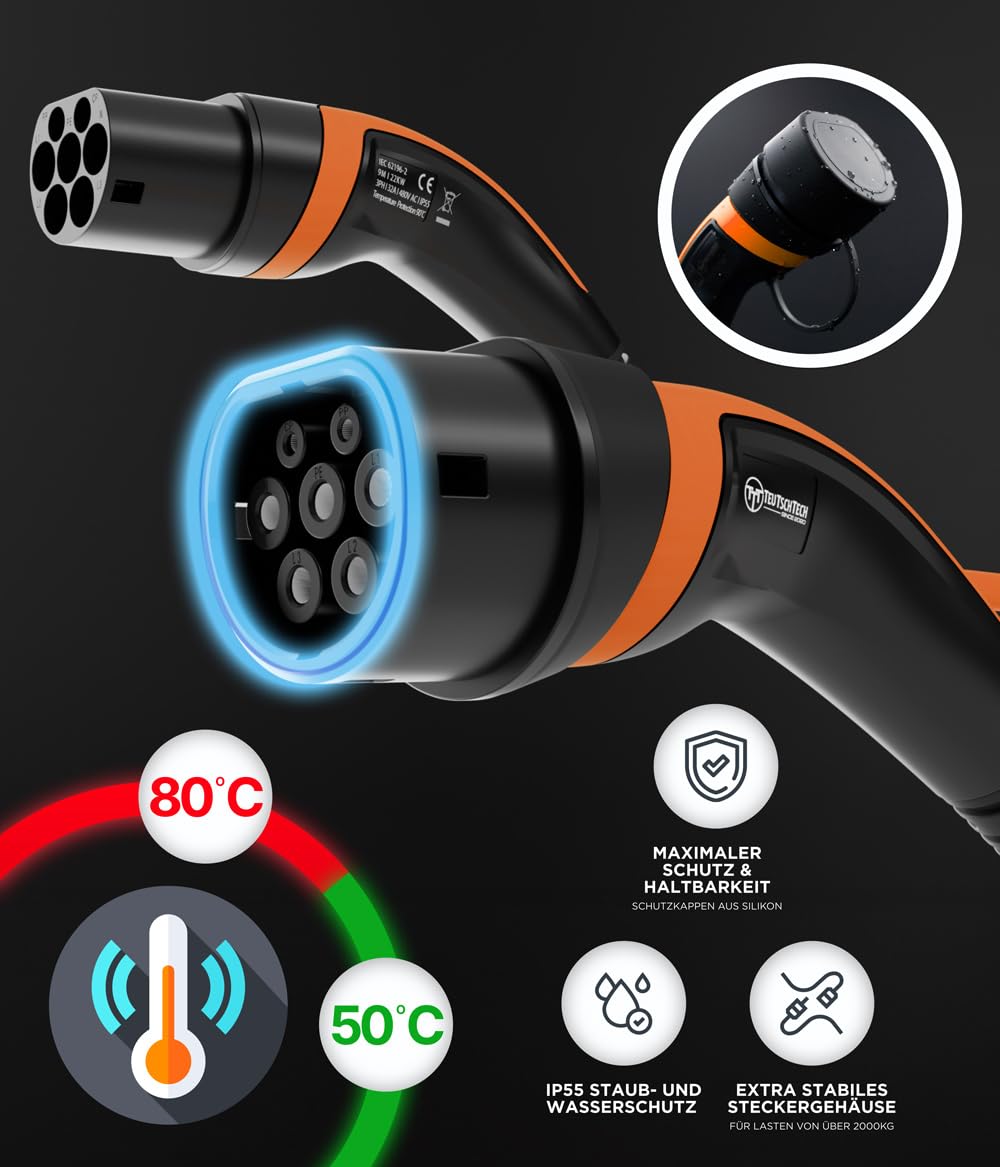 TEUTSCHTECH, kabel do ładowania typu 2 25 m, 11 kW, 16 A, 3-fazowy, tryb 3 – kabel do ładowania EV do Wallbox i stacji ładującej – samochód elektryczny i hybrydowy plug-in – monitorowanie temperatury