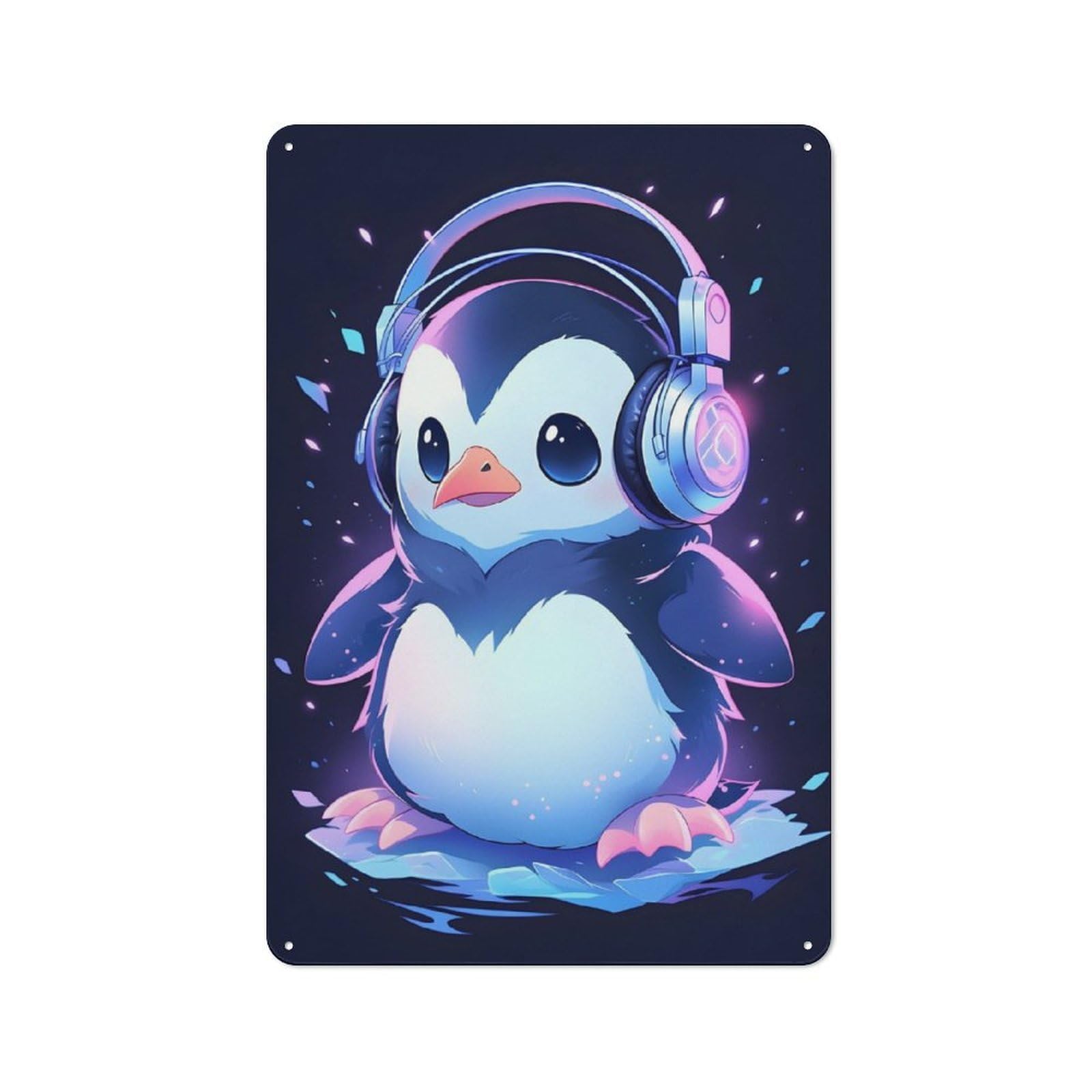 Junmoney Cold Penguin Headphones Metal Plaque 30X20cm With For Garage Wall, Rustic Decor, For Winter Interiors And Metal Sign Collectors