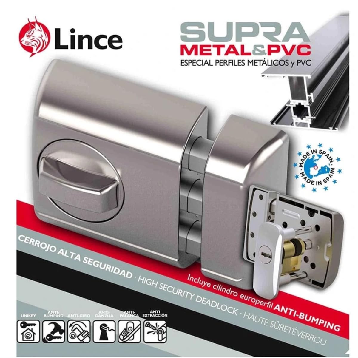 Lince Zusatzschloss 4930MET für Aluminium- und PVC-Türen – Europrofil-Zylinder mit 5 Schlüsseln, Anti-Bumping, Reversibel, Schnellverschluss, Hohe Sicherheit
