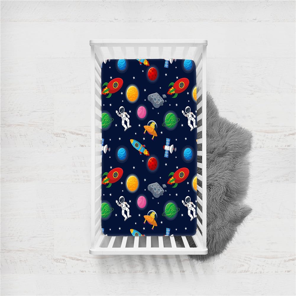 Odot Soft Cot Bed Sheets, Bedside Cribs Fitted Sheets for Boys and Girls, Baby Bed Sheets Cot Bed Mattress Protector, Bassinet Sheets, Easy Care and Dureable (90x45cm,Planet Rocket 6)