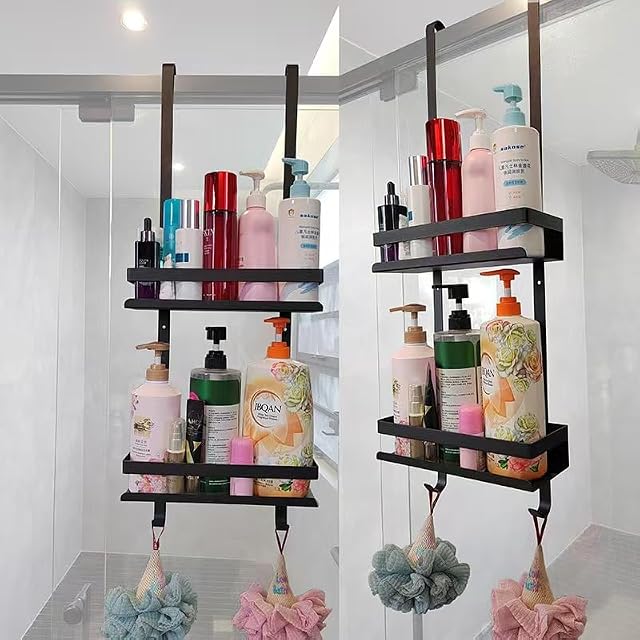 Shower Caddy Hanging Over The Door Rustproof Shower Organizer No Drilling Wall Shelves Bathroom with 2-Tier Rack and