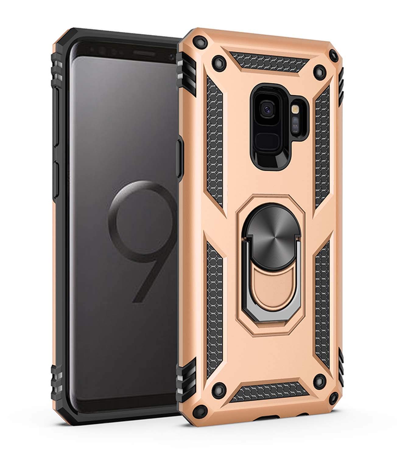 JMstore Case Compatible with Samsung Galaxy S9 [Screen Protector] Rotation Magnetic Ring Holder,Slim Hybrid Impact Cover (Gold)