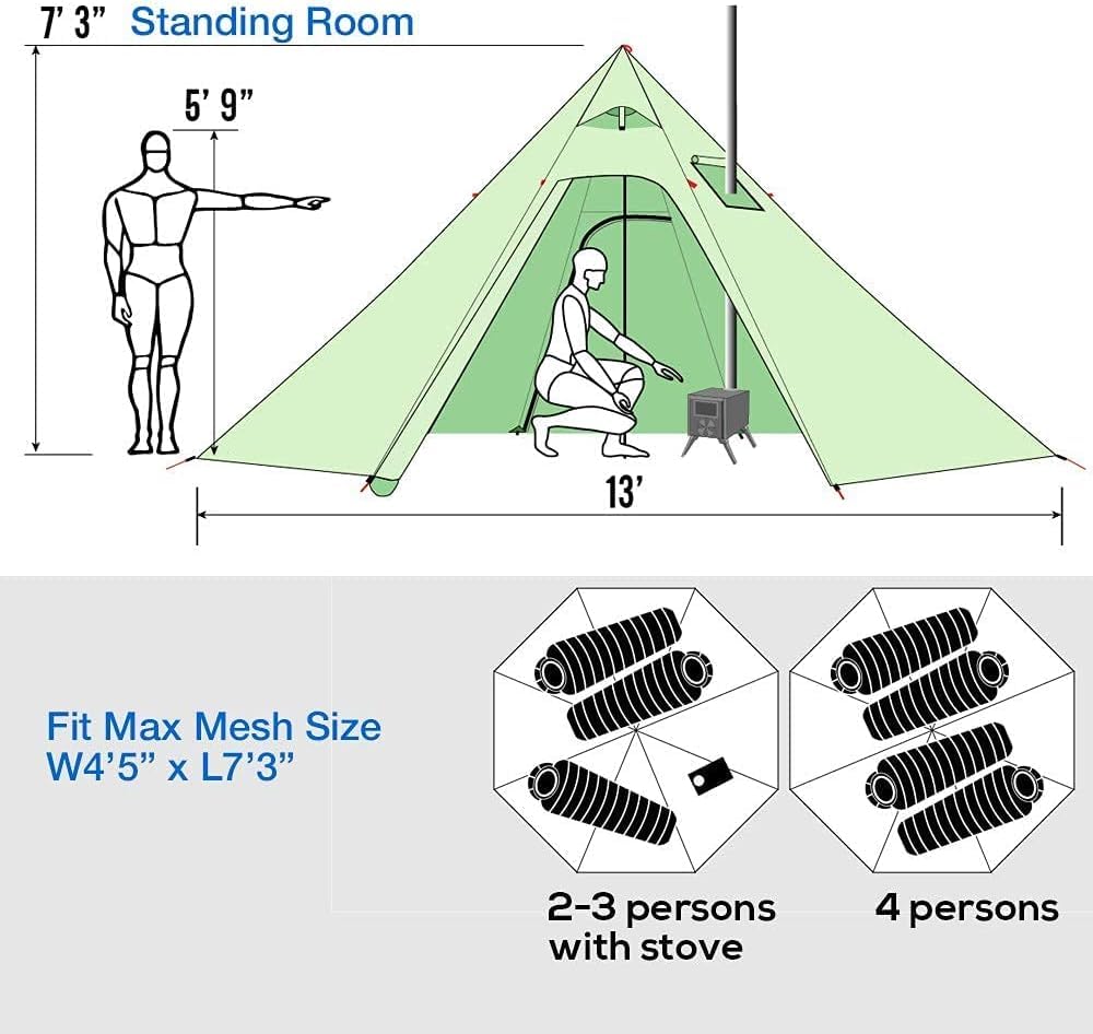 Tente pyramidale chaude avec trou de poêle et fenêtres pour camping en plein air, tente tipi familiale pour 2 à 4 personnes