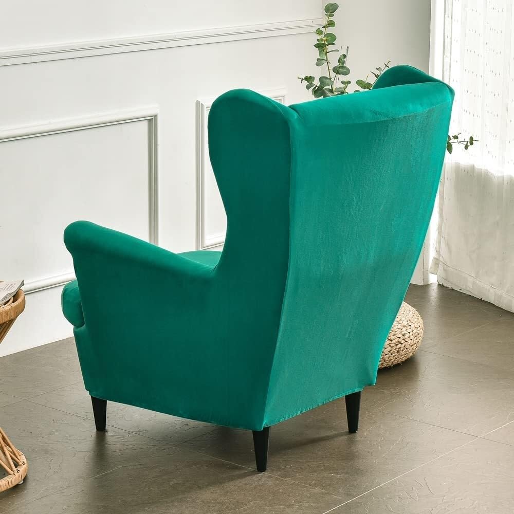 Velvet Copripoltrona con Orecchie Elasticizzato, Tinta unita 2-Pezzi Copridivano da 1 Posto con Fodera per Cuscino, Lavabile per Strandmon Bar Soggiorno Camera da Letto(Verde Giada)