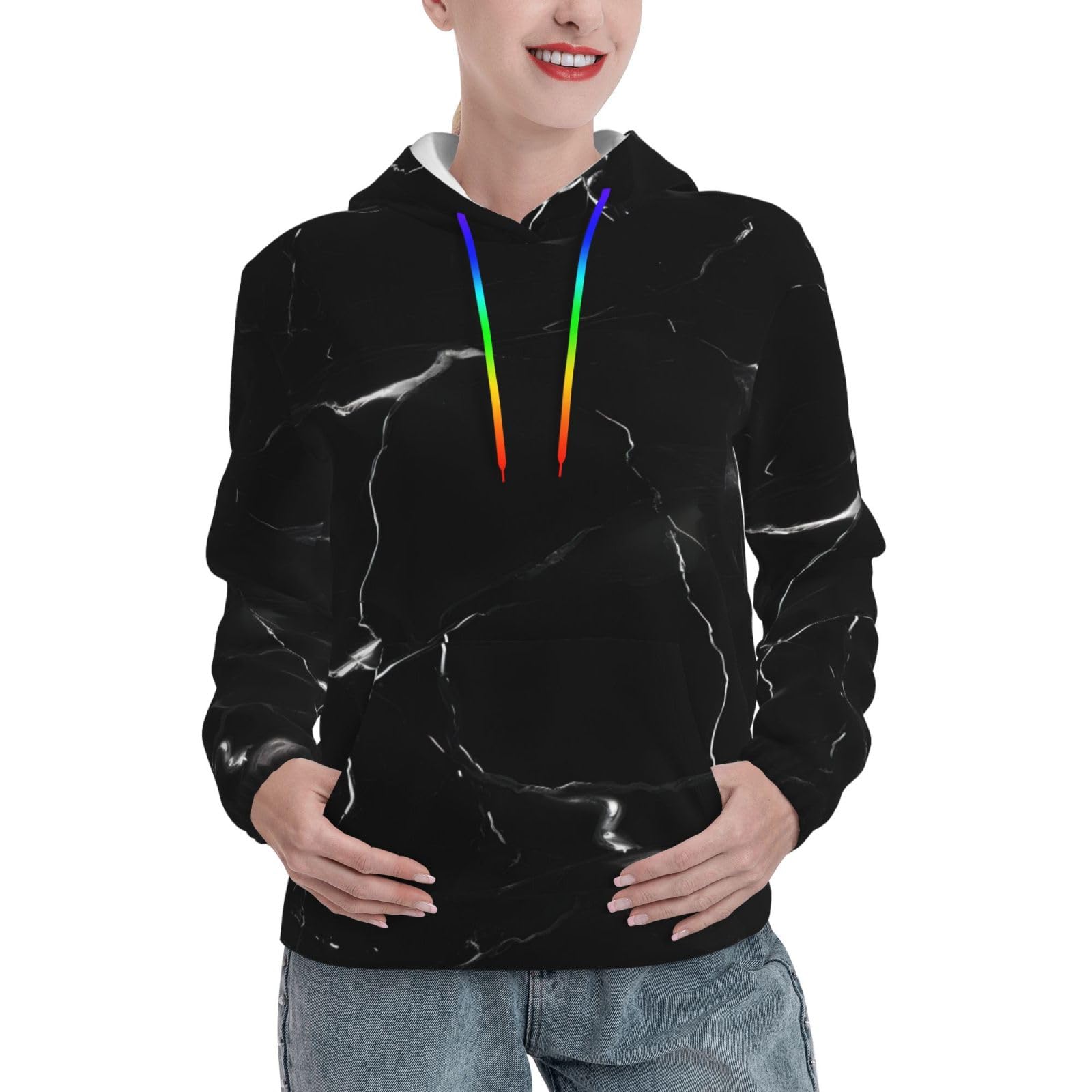 Sweat à capuche marbre noir femme EdWal pull ajusté avec grande poche - 8