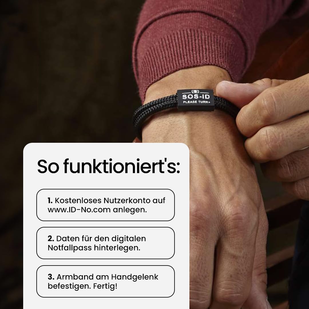 SOS-ID Lifestyle Notfallarmband aus robustem Segeltau mit QR-Code (Größe S/Schwarz) – langlebiges & wasserfestes SOS Armband für Notfälle – schneller Zugriff auf Gesundheitsdaten