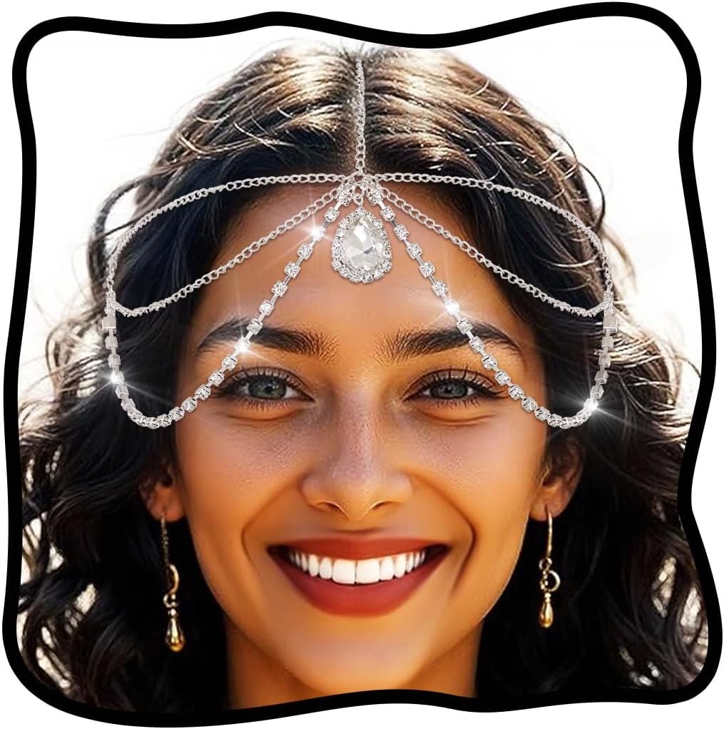 Urieo Layered Rhinestone Head Chain Jewelry Crystal Gold Headpiece Wedding Bridal Costume Hair Accessories for Women
