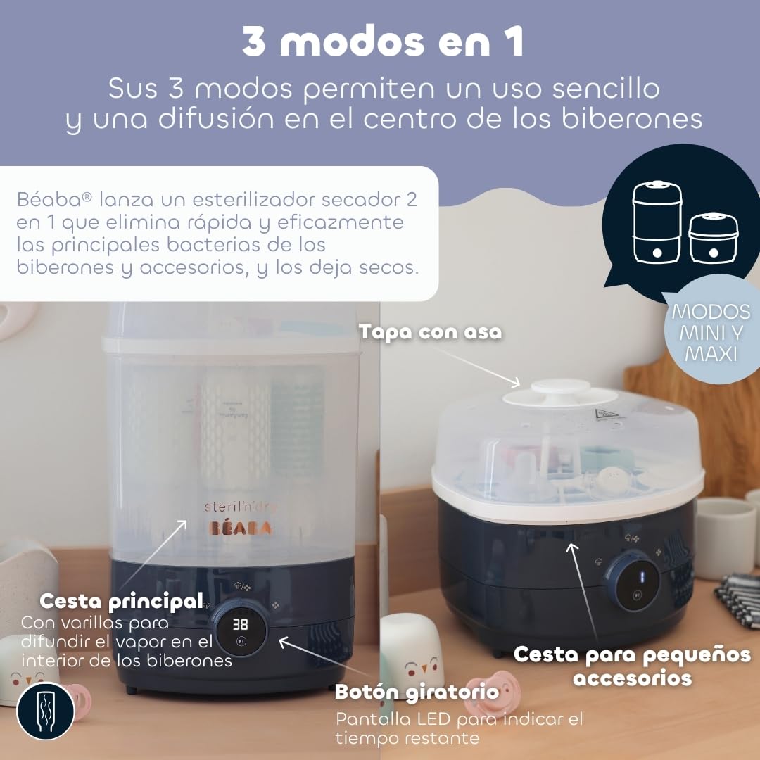 Béaba Esterilizador Secabiberones y Accesorios 2 en 1, 2 Compartimentos, 3 Modos, Elimina el 99.9% de las Bacterias, Gran Capacidad, Sin Filtro, Modular, Sencillo y Rápido, Steril'n'Dry, Azul Noche