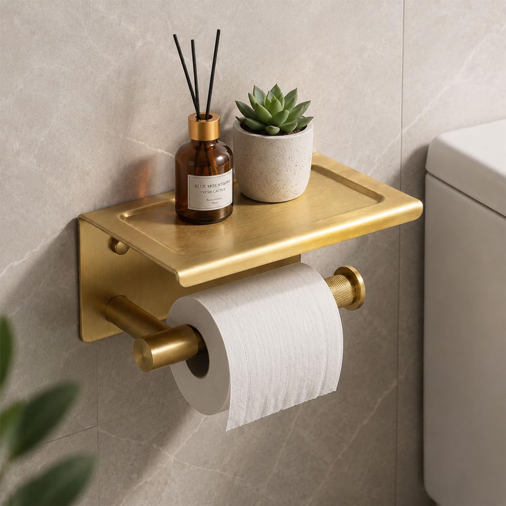 Portarotolo Carta Igienica in Ottone Massiccio, Oro Spazzolato con Mensola, da Parete, Anti-Ruggine e Anticorrosione, Manopola Zigrinata, Ripiano per Telefono | 1