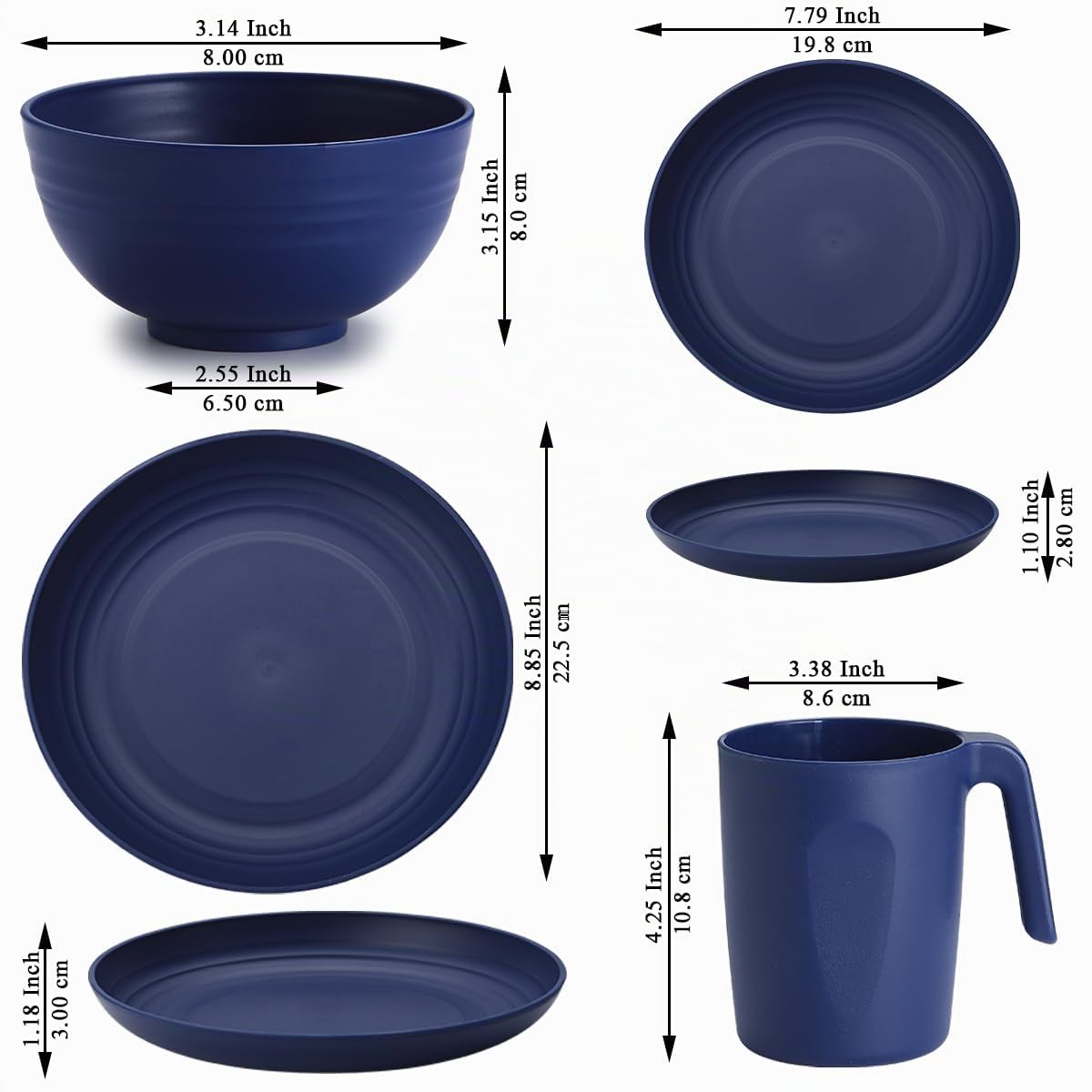 Kyraton Juego de vajilla de plástico de 32 piezas para 8, irrompibles y reutilizables, platos ligeros, tazas, cuencos, platos fáciles de transportar y limpiar, aptos para microondas, sin BPA, aptos