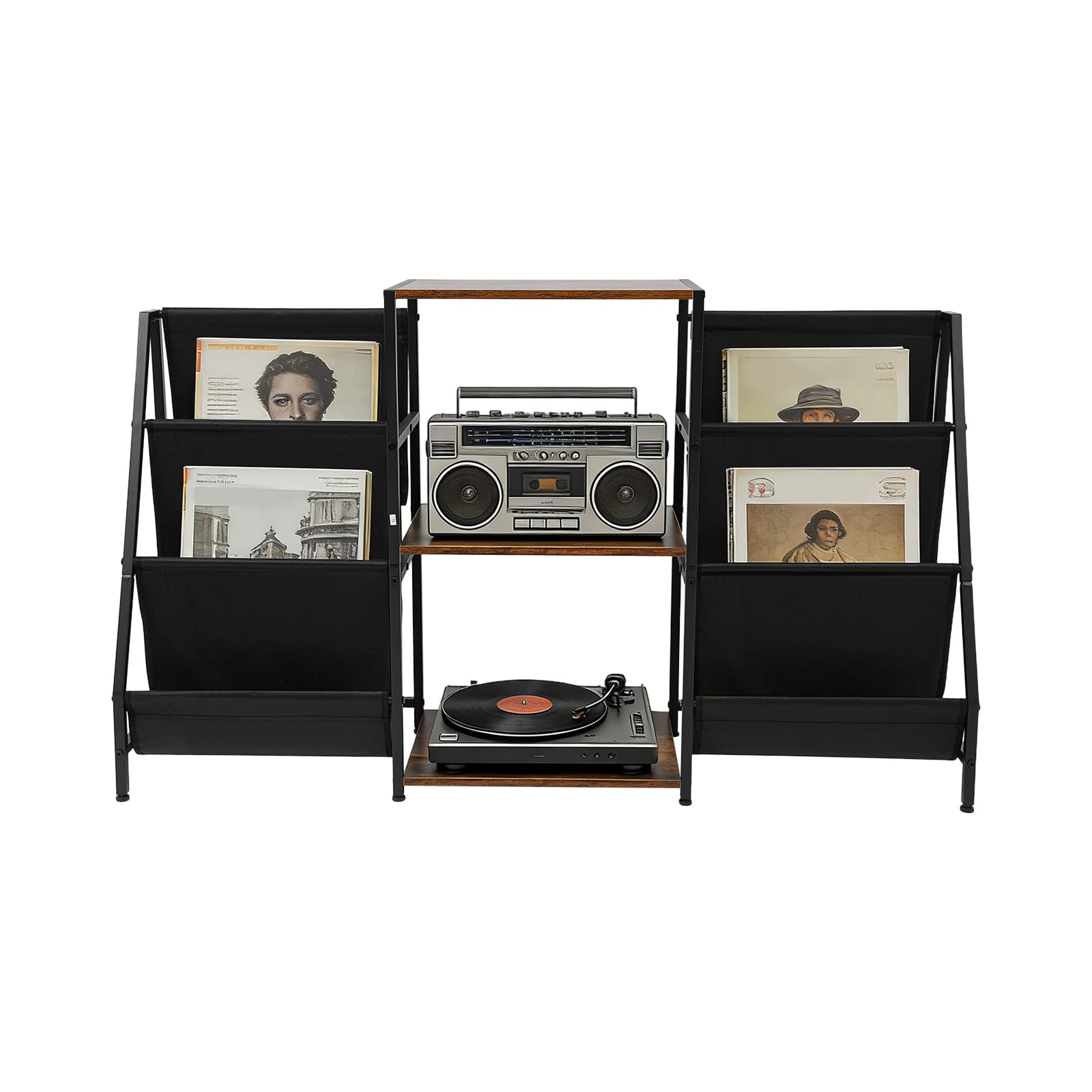 Supporto per giradischi a 3 ripiani, tavolo per giradischi con 2 superfici laterali in vinile, 123 x 30 x 74 cm, organizer e espositore vintage