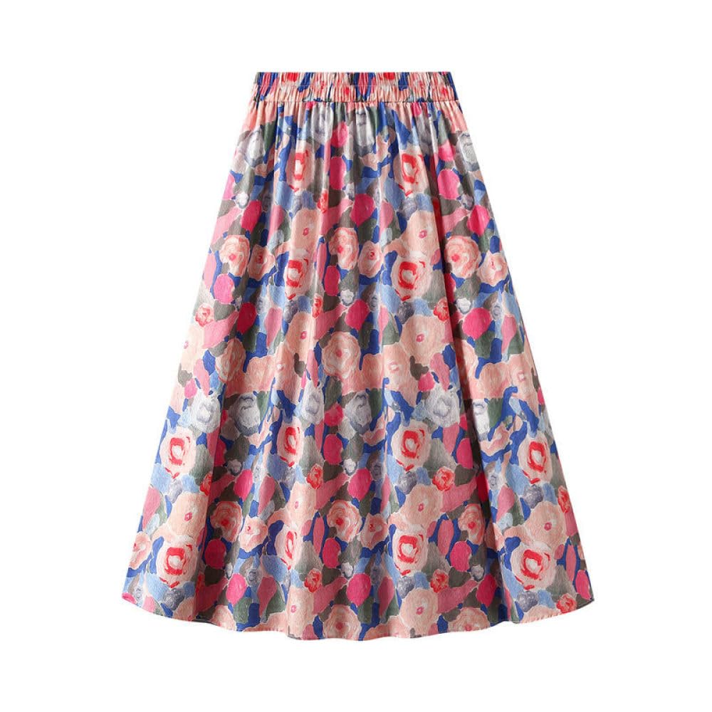 Gonne da Donna,Gonna Midi Floreale da Donna retrò con Pittura A Olio Estiva Gonna A Pieghe Elastica A Vita Alta con Fodera Boho A-Line Swing Increspato Elegante Gonne Lunghe per Ragazze Signore