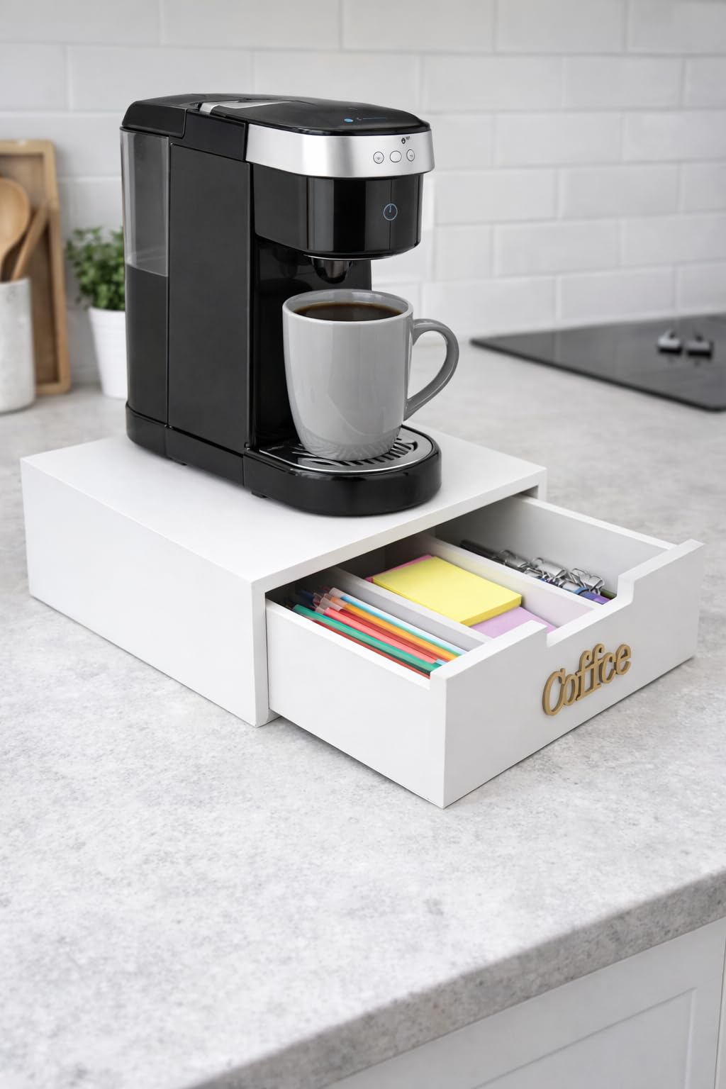 Porta Cialde e Capsule in Bambù con Cassetto (3 Scomparti) Organizer elegante per cialde, capsule e tisane, scritta nera e scritta oro (scritta oro)