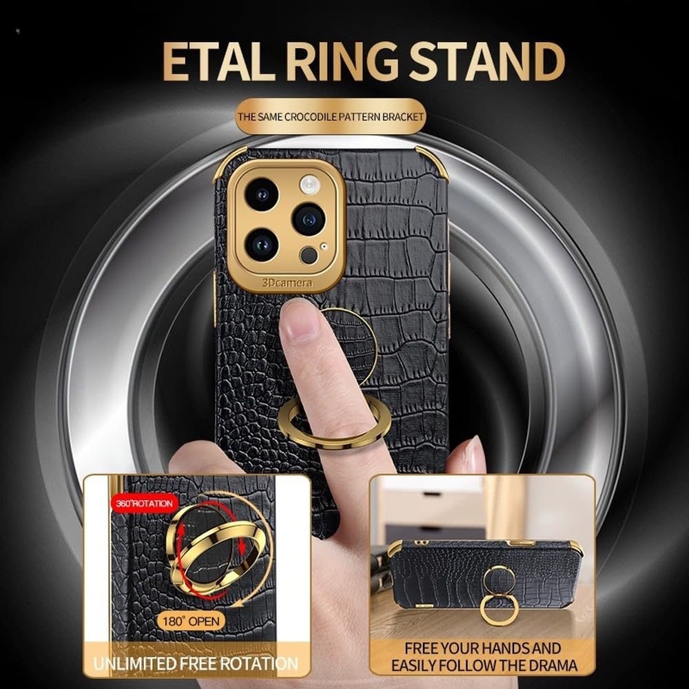 Funda de Silicona con Revestimiento de Piel y patrón de cocodrilo para iPhone 17, 16e, 15, 14, 13, 12, 11 Pro MAX y 16 Plus/Mini. Color Negro. También Disponible para iPhone 14 Pro.