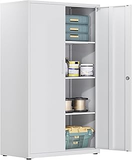 Aktenschrank, abschließbarer Garagenschrank, 4 Ebenen Büroschrank, Werkstattschrank mit verstellbaren Regalen, für Büro, Garage und Hauswirtschaftsraum, weiß