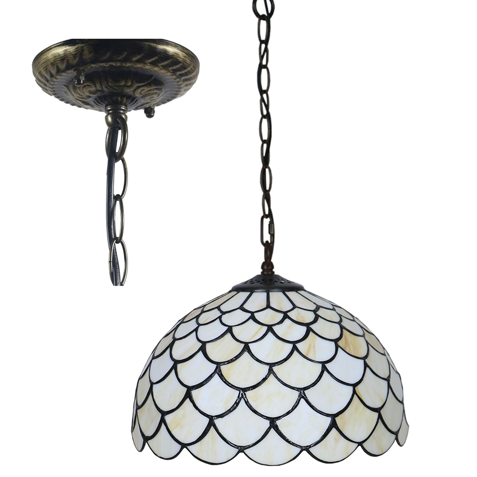 BOTOWI Tiffany Hanging Lamp, Stained Glass Ceiling Pendant Fixture with 12 Inch Wide Handmade Beige Lampshade, Cream Vintage Antique Pendant Lighting for Dining Hallway Kitchen Balcony,Fish Scale