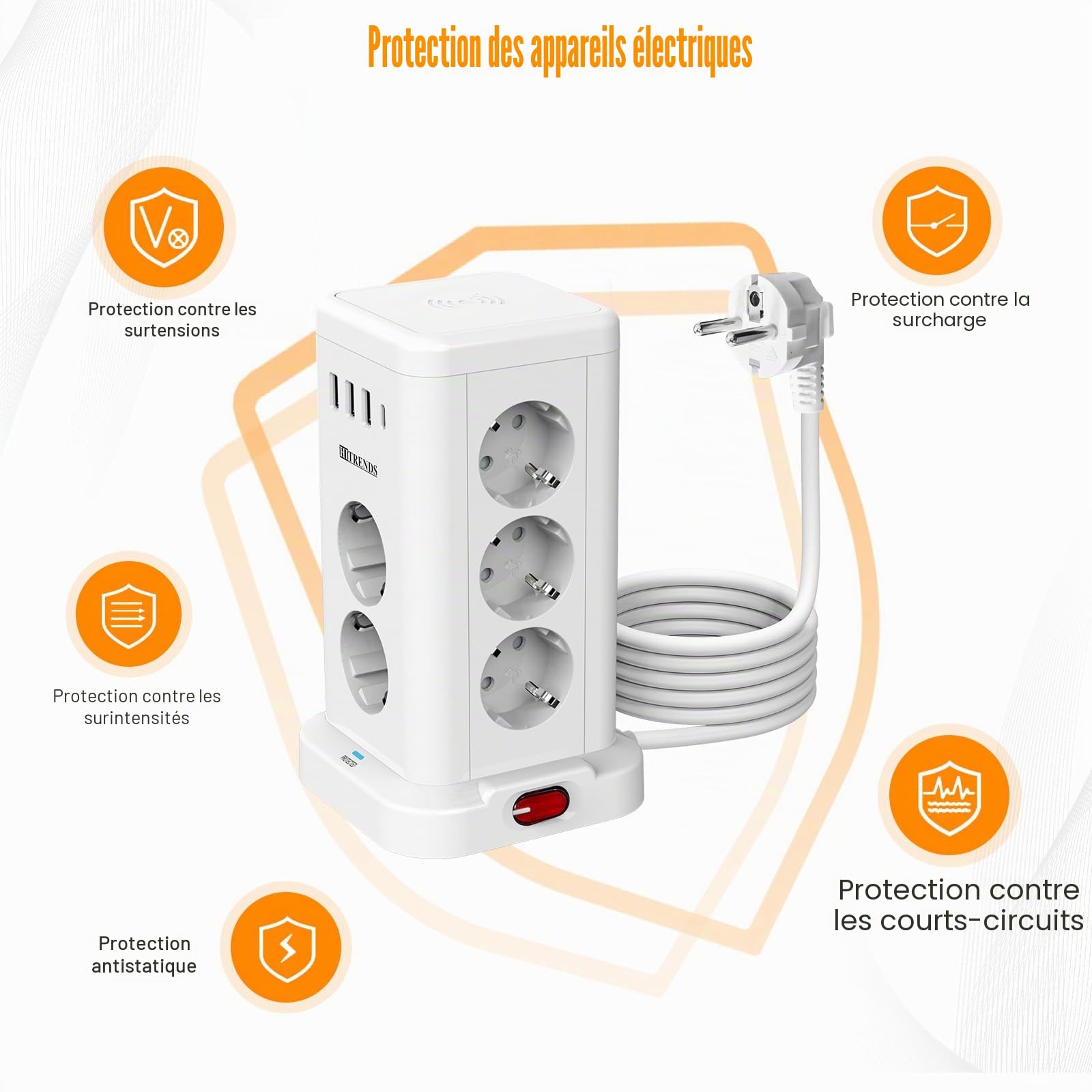 Tour de Prises 11 avec Chargeur sans Fil | Protection Contre Les Surtensions et Interrupteur | 3680W Max (16A) | 11 Prises EU + 4 Ports USB | Câble d'alimentation 2m | pour Bureau, Maison | Blanc